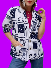 Charger l'image dans la galerie, Veste vintage Lucie - Imprimé abstrait bleu marine et blanc. Taille L, 40, 42. Claude Bauer