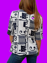 Charger l'image dans la galerie, Veste vintage Lucie - Imprimé abstrait bleu marine et blanc. Taille L, 40, 42. Claude Bauer