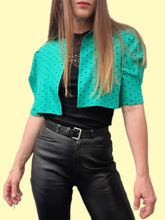 Charger l'image dans la galerie, Blazer vintage Faustine - Veste cropped vert à pois noirs. Taille S, 36, 38