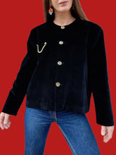 Charger l'image dans la galerie, Veste vintage Suzie - Velours noir et chaîne dorée. Taille L, 40, 42. Made in France