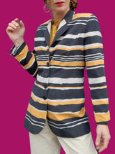 Charger l'image dans la galerie, Blazer vintage Léna - En soie rayée marine, jaune et blanc. Taille M, 38, 40. Louis Féraud. Made in France