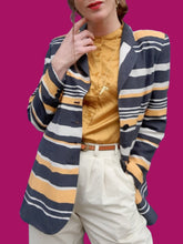 Charger l'image dans la galerie, Blazer vintage Léna - En soie rayée marine, jaune et blanc. Taille M, 38, 40. Louis Féraud. Made in France