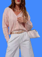 Charger l'image dans la galerie, Gilet vintage Solveig - Maille ajourée rose. Taille XL, 42, 44. Made in France