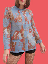 Charger l'image dans la galerie, Cardigan vintage Lisette - Imprimé Japonisant bleu et rouille. Taille M, 38, 40.