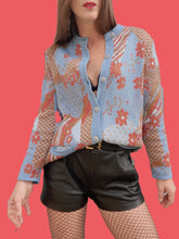 Charger l'image dans la galerie, Cardigan vintage Lisette - Imprimé Japonisant bleu et rouille. Taille M, 38, 40.