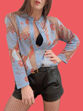 Charger l'image dans la galerie, Cardigan vintage Lisette - Imprimé Japonisant bleu et rouille. Taille M, 38, 40.