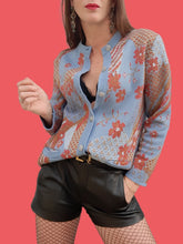 Charger l'image dans la galerie, Cardigan vintage Lisette - Imprimé Japonisant bleu et rouille. Taille M, 38, 40.