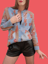 Charger l'image dans la galerie, Cardigan vintage Lisette - Imprimé Japonisant bleu et rouille. Taille M, 38, 40.