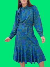 Charger l'image dans la galerie, Robe vintage Chiara - Imprimé Azulejos verts et bleus. Taille L, 40, 42. Christian Michel. Made in France