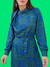 Charger l'image dans la galerie, Robe vintage Chiara - Imprimé Azulejos verts et bleus. Taille L, 40, 42. Christian Michel. Made in France