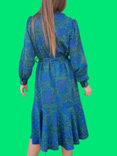 Charger l'image dans la galerie, Robe vintage Chiara - Imprimé Azulejos verts et bleus. Taille L, 40, 42. Christian Michel. Made in France