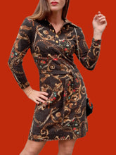Charger l'image dans la galerie, Robe vintage Marge - Imprimé foulard marron et beige. Taille XS, 34, 36.
