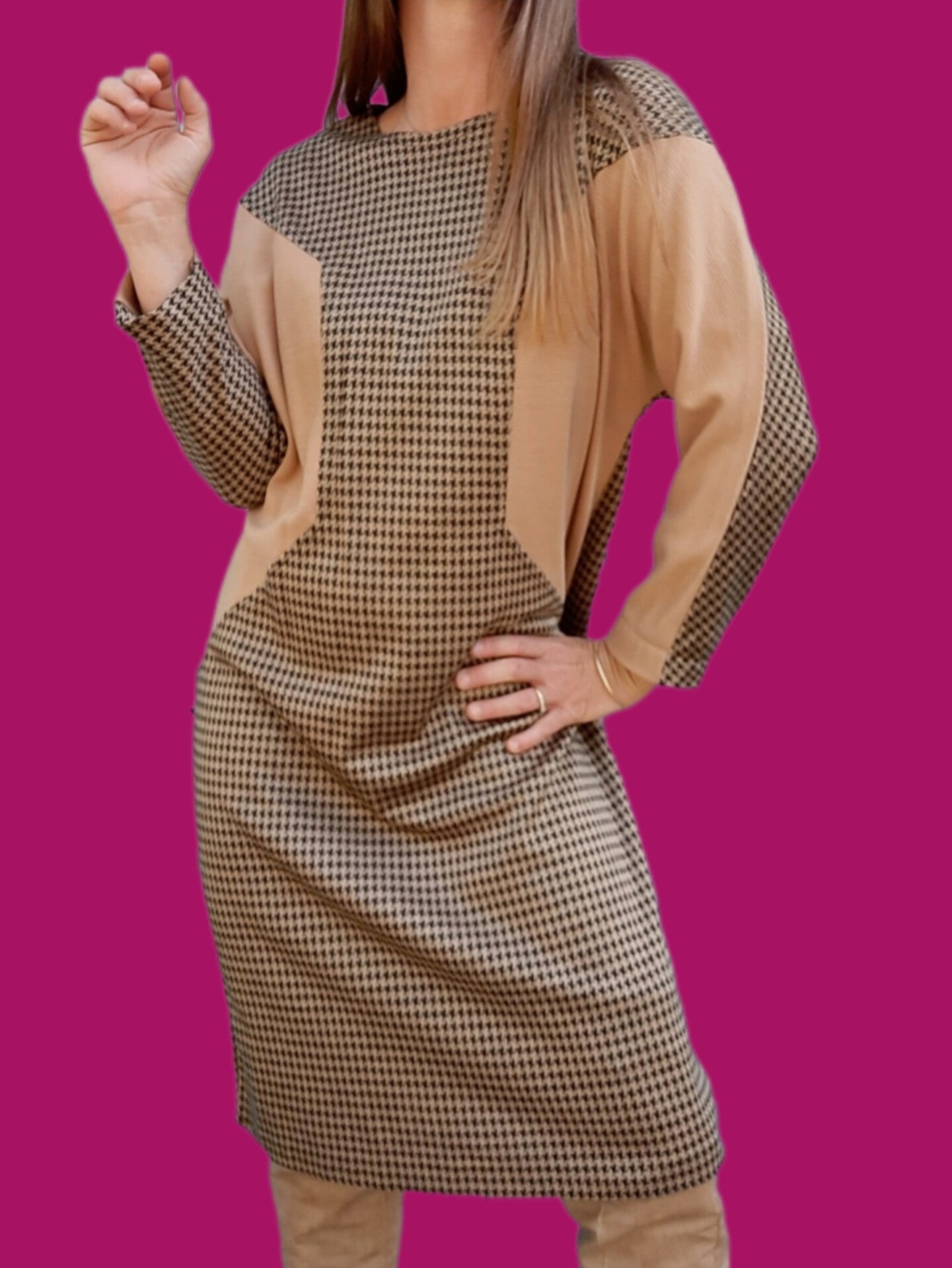 Robe pull vintage Béryl - Imprimé pied-de-poule. Taille L, 40, 42 ...
