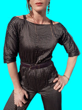Charger l'image dans la galerie, Combinaison vintage Natasha - A rayures dorées. Taille S, 36, 38. Fabriqué en France