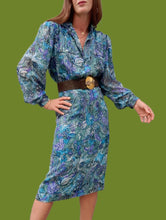 Charger l'image dans la galerie, Ensemble vintage Jenny - Blouse et jupe motif cachemire vert & bleu pétrole. Taille M, 38, 40. Markwald