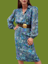 Charger l'image dans la galerie, Ensemble vintage Jenny - Blouse et jupe motif cachemire vert & bleu pétrole. Taille M, 38, 40. Markwald