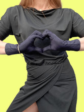 Charger l'image dans la galerie, Gants vintage Elsa - Tissu bleu nuit texturé et satiné. Taille 6,5 extensible. Neyret Paris.