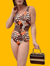 Charger l'image dans la galerie, Maillot de bain vintage Iris - Fleuri marron et orange. Taille XS, 34, 36. Du Pont. Made in France