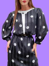 Charger l'image dans la galerie, Robe vintage Elisa - Pois et rayures noire et blanche. Taille M, 38, 40. Franck et Fils. Made in France