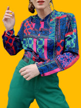 Charger l'image dans la galerie, Chemisier vintage Paméla - Imprimé coloré. Taille S, 36, 38. Jean Gabriel. Made in France