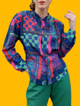 Charger l'image dans la galerie, Chemisier vintage Paméla - Imprimé coloré. Taille S, 36, 38. Jean Gabriel. Made in France