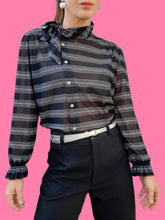 Charger l'image dans la galerie, Chemisier vintage Sélénia - Rayures noires et argentées. Taille S, 36, 38. Made in France.