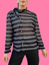 Charger l'image dans la galerie, Chemisier vintage Sélénia - Rayures noires et argentées. Taille S, 36, 38. Made in France.