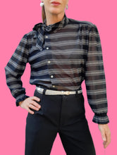 Charger l'image dans la galerie, Chemisier vintage Sélénia - Rayures noires et argentées. Taille S, 36, 38. Made in France.