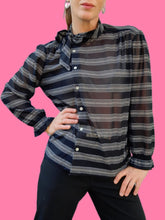 Charger l'image dans la galerie, Chemisier vintage Sélénia - Rayures noires et argentées. Taille S, 36, 38. Made in France.