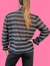 Charger l'image dans la galerie, Chemisier vintage Sélénia - Rayures noires et argentées. Taille S, 36, 38. Made in France.