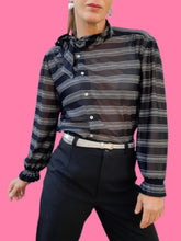 Charger l'image dans la galerie, Chemisier vintage Sélénia - Rayures noires et argentées. Taille S, 36, 38. Made in France.