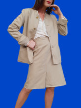 Charger l'image dans la galerie, Ensemble vintage Axelle - Pure laine vierge beige et gris rayé. Taille XL, 42, 44. Weinberg. Made in France