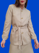 Charger l'image dans la galerie, Ensemble vintage Axelle - Pure laine vierge beige et gris rayé. Taille XL, 42, 44. Weinberg. Made in France