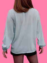 Charger l'image dans la galerie, Blouse vintage Solène - Turquoise au col jabot plissé. Taille M, 38, 40. Made in France.