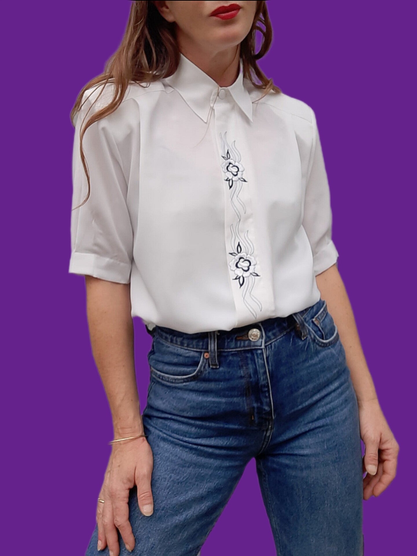 Chemisier Vintage Blanc Brodé Taille 40/38 - Coton, Manches Courtes, Col En V, Occasion Très Bon état