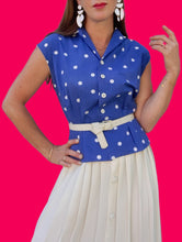 Charger l'image dans la galerie, Top vintage Capucine - Bleu à pois blancs. Fronces à la taille. Taille S, 36, 38. PierBé