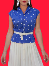 Charger l'image dans la galerie, Top vintage Capucine - Bleu à pois blancs. Fronces à la taille. Taille S, 36, 38. PierBé