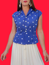 Charger l'image dans la galerie, Top vintage Capucine - Bleu à pois blancs. Fronces à la taille. Taille S, 36, 38. PierBé