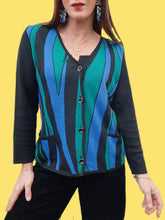 Charger l'image dans la galerie, Cardigan vintage Yvette - Zébré bleu, vert et noir. Taille M, 38, 40. Lucia