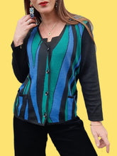 Charger l'image dans la galerie, Cardigan vintage Yvette - Zébré bleu, vert et noir. Taille M, 38, 40. Lucia