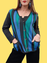 Charger l'image dans la galerie, Cardigan vintage Yvette - Zébré bleu, vert et noir. Taille M, 38, 40. Lucia