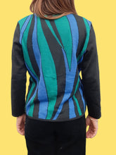 Charger l'image dans la galerie, Cardigan vintage Yvette - Zébré bleu, vert et noir. Taille M, 38, 40. Lucia