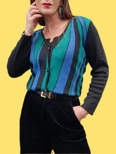Charger l'image dans la galerie, Cardigan vintage Yvette - Zébré bleu, vert et noir. Taille M, 38, 40. Lucia