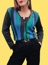 Charger l'image dans la galerie, Cardigan vintage Yvette - Zébré bleu, vert et noir. Taille M, 38, 40. Lucia