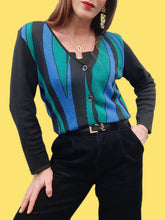 Charger l'image dans la galerie, Cardigan vintage Yvette - Zébré bleu, vert et noir. Taille M, 38, 40. Lucia