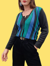 Charger l'image dans la galerie, Cardigan vintage Yvette - Zébré bleu, vert et noir. Taille M, 38, 40. Lucia