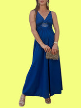 Charger l'image dans la galerie, Robe de cérémonie vintage Nelly - Bleu canard. Empiècement lotus. Taille S, 36, 38. Made in France