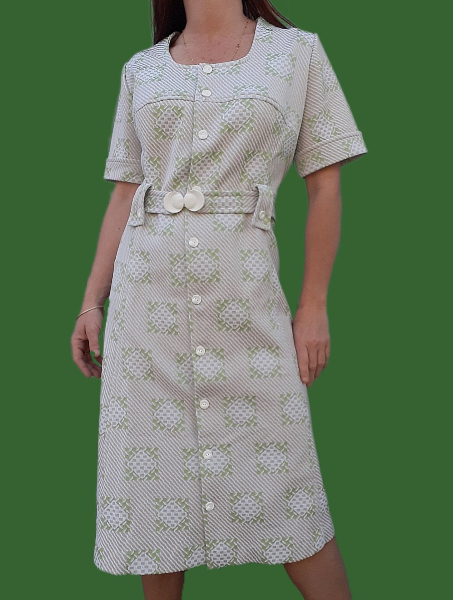 Robe Vintage Taille 42 - Motif Floral, Style Chemisier, Manches Courtes, Polyamide (occasion Comme Neuve)
