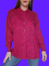 Charger l'image dans la galerie, Chemisier "Seconde" Camille - Rose fuchsia imprimé cachemire bleu. Taille L, 40, 42. Made in West Germany