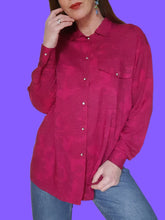 Charger l'image dans la galerie, Chemisier "Seconde" Camille - Rose fuchsia imprimé cachemire bleu. Taille L, 40, 42. Made in West Germany